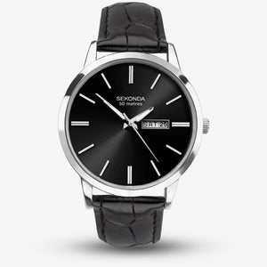 Sekonda 1705 Gents Quartz Black Dial Black Leather Upper Strap Watch