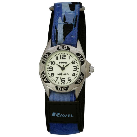 Ravel R1507.6 Boys Nite-Glo Luminescent Blue Camo Velcro Strap Silver Watch