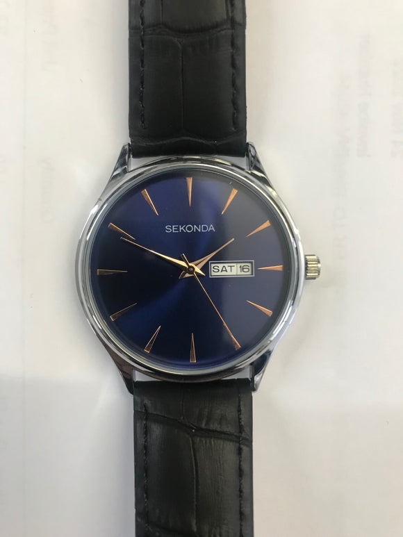SEKONDA 1895 Black Leather Strap Gents Watch with Day/Date